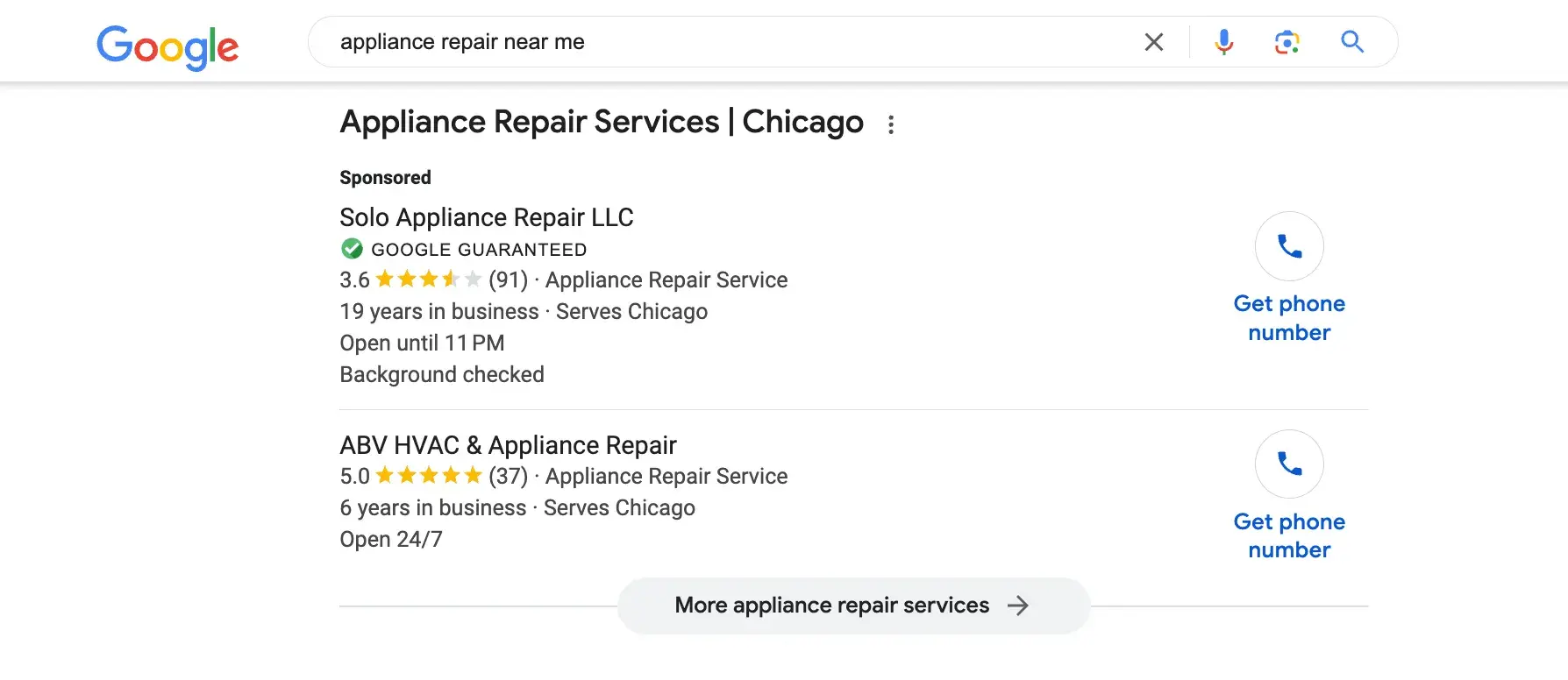 Screencap of Google search results page for “appliance repair near me.” 