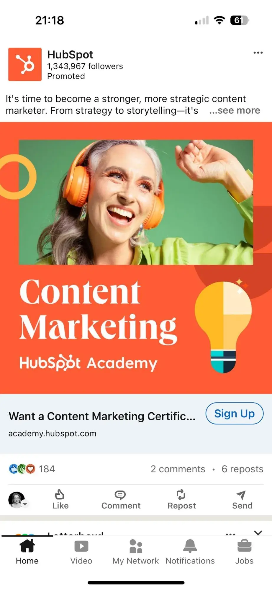 Screencap of HubSpot ad on LinkedIn.