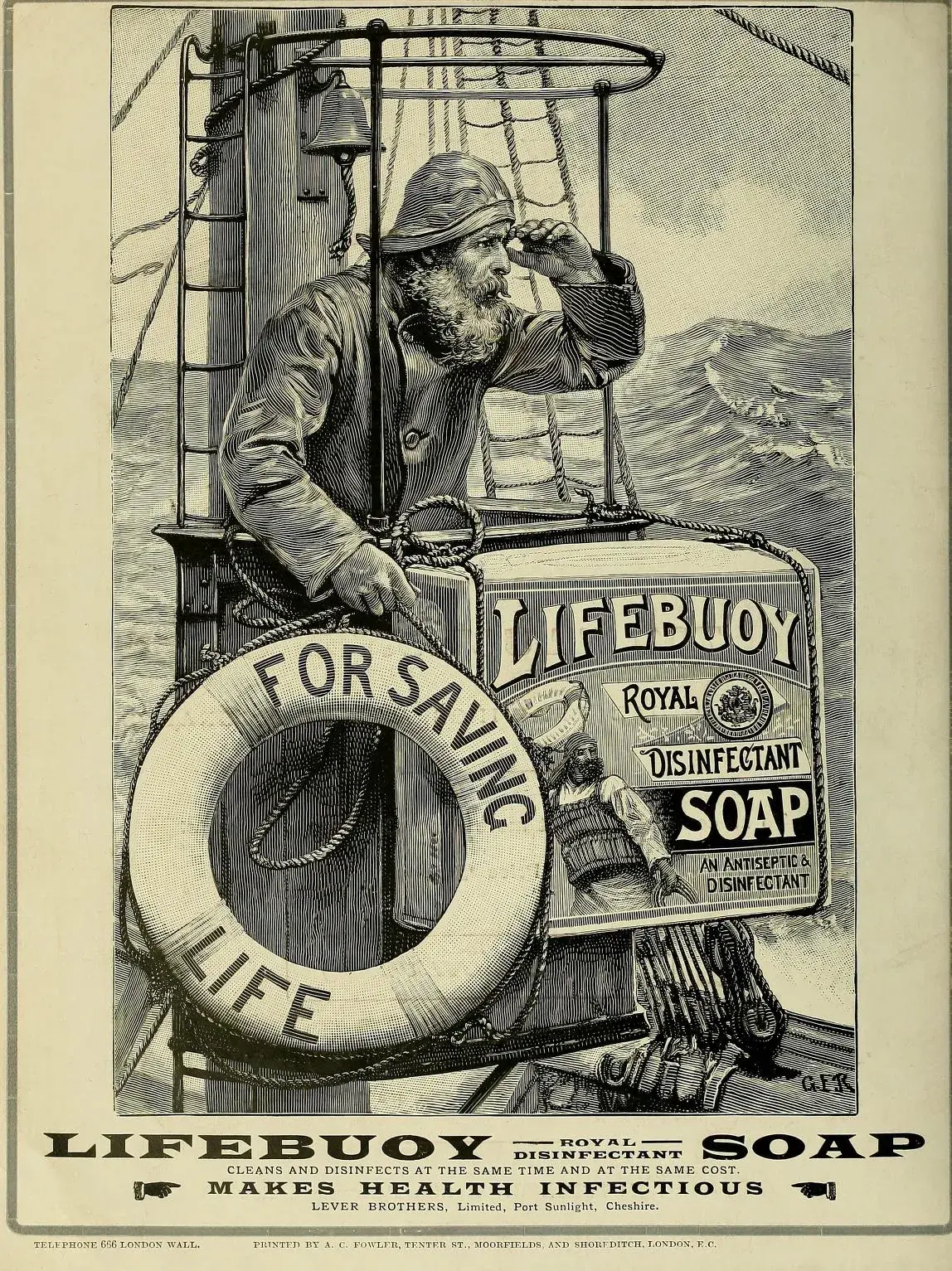 Black-and-white illustrated ad for Lifebuoy Soap.