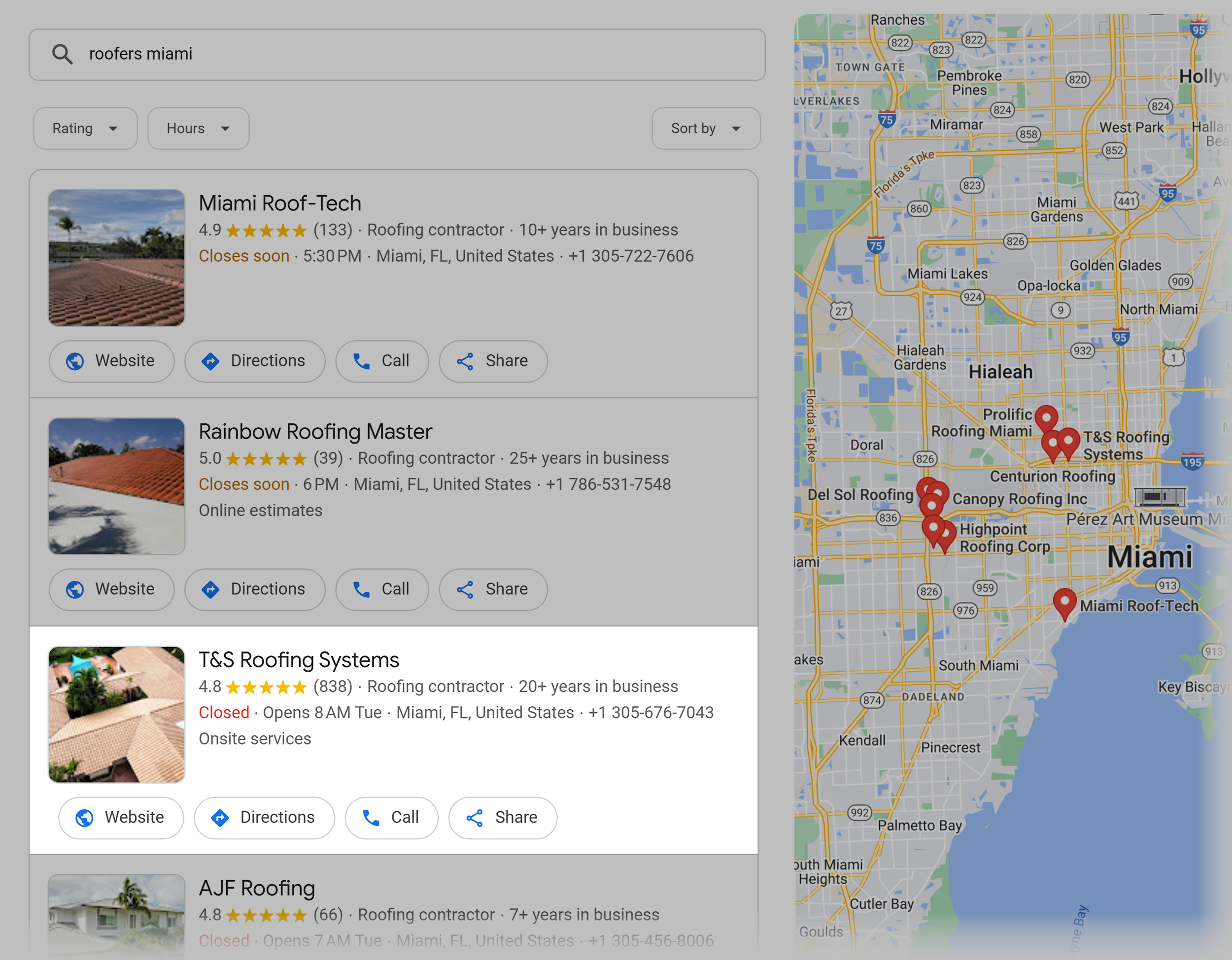 Google Maps – Search – Roofers Miami