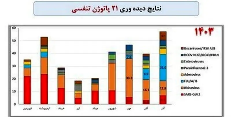 درصد ویروس‌های تنفسی شناسایی شده در کشور سال ۱۴۰۳