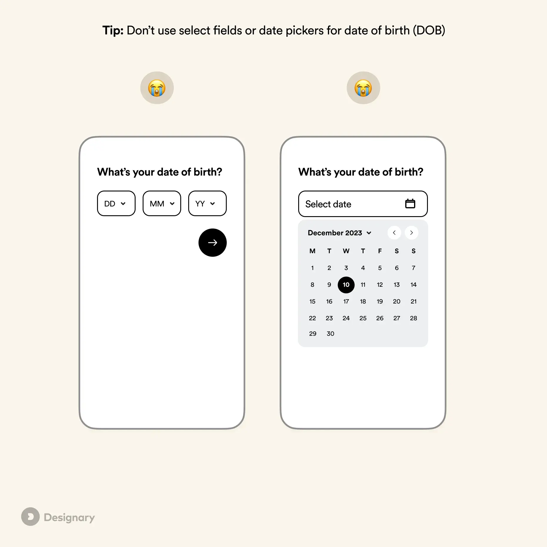 infographic shows two types of date pickers that are commonly used, but not always recommended for mobile web forms.