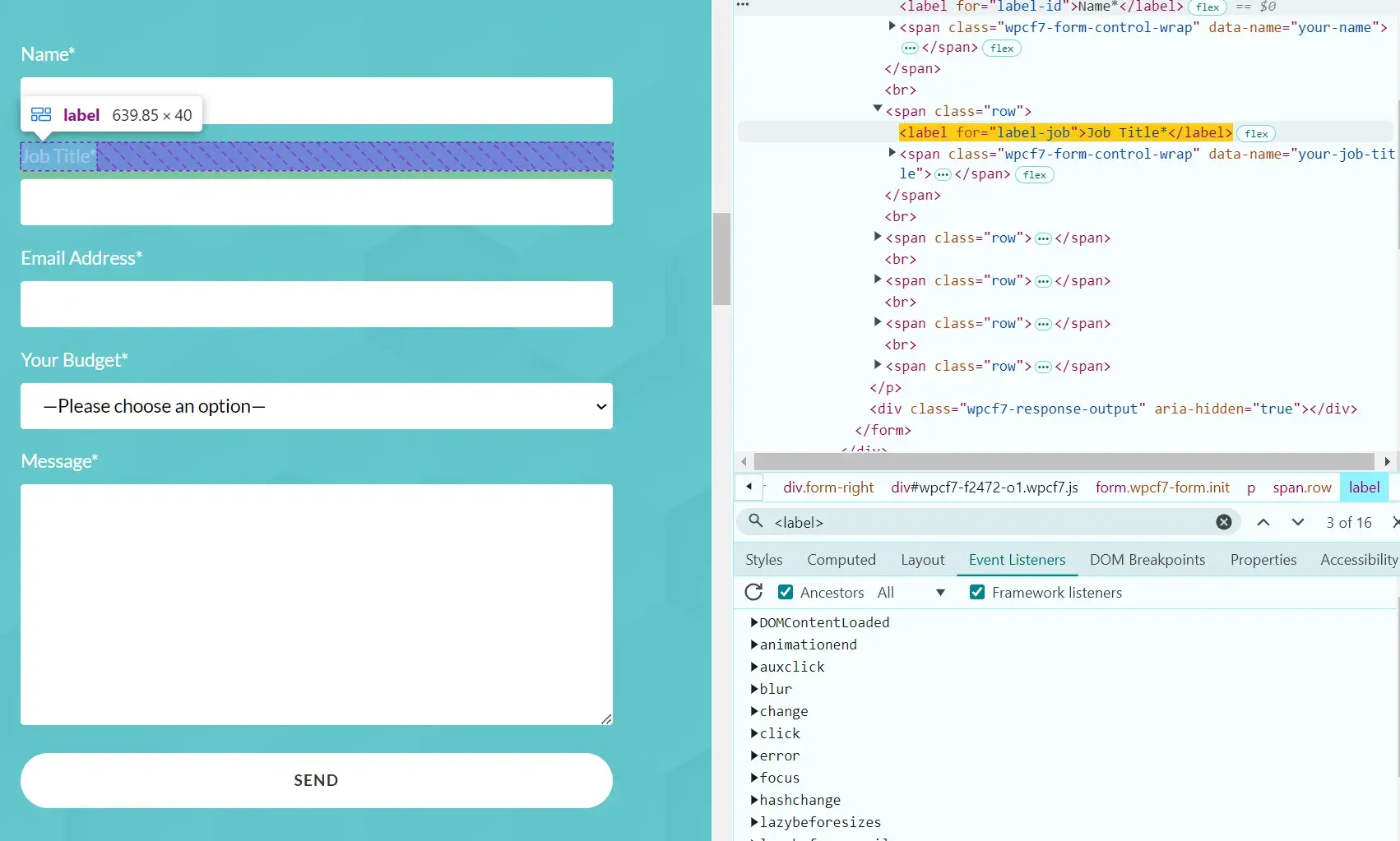 web form design: screenshot shows the importance of labels in the code of a web form so that screen readers can use it.