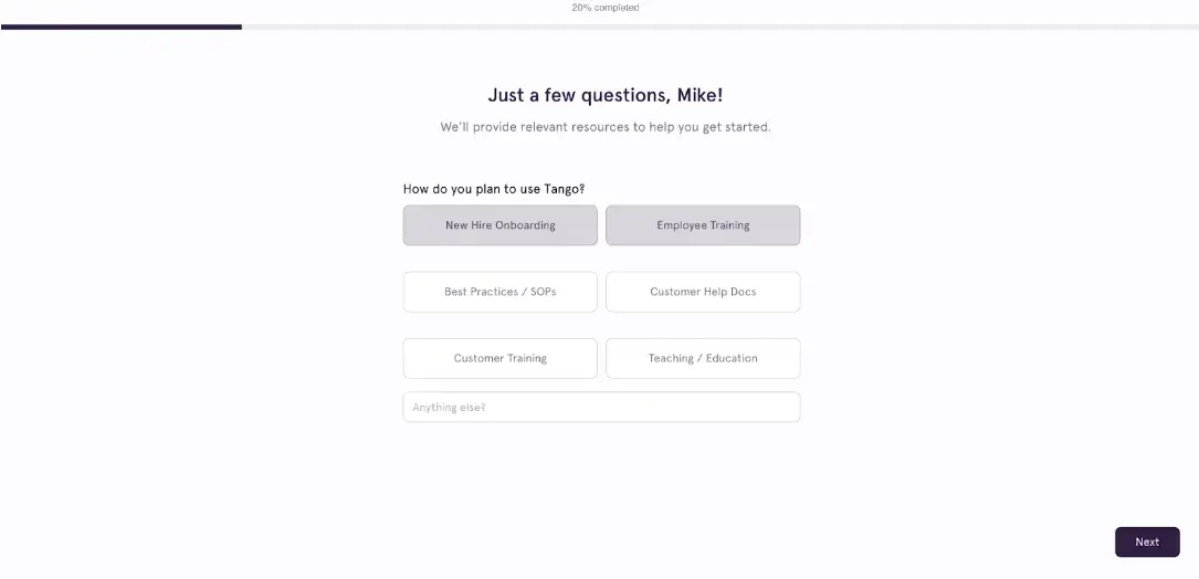 example of an onboarding form from tango