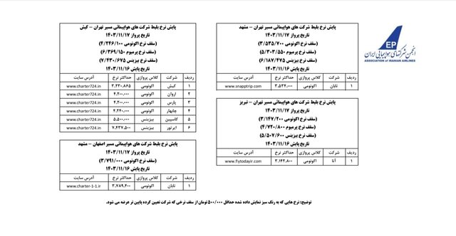 آخرین نرخ پروازهای داخلی تا ۲۰ بهمن اعلام شد