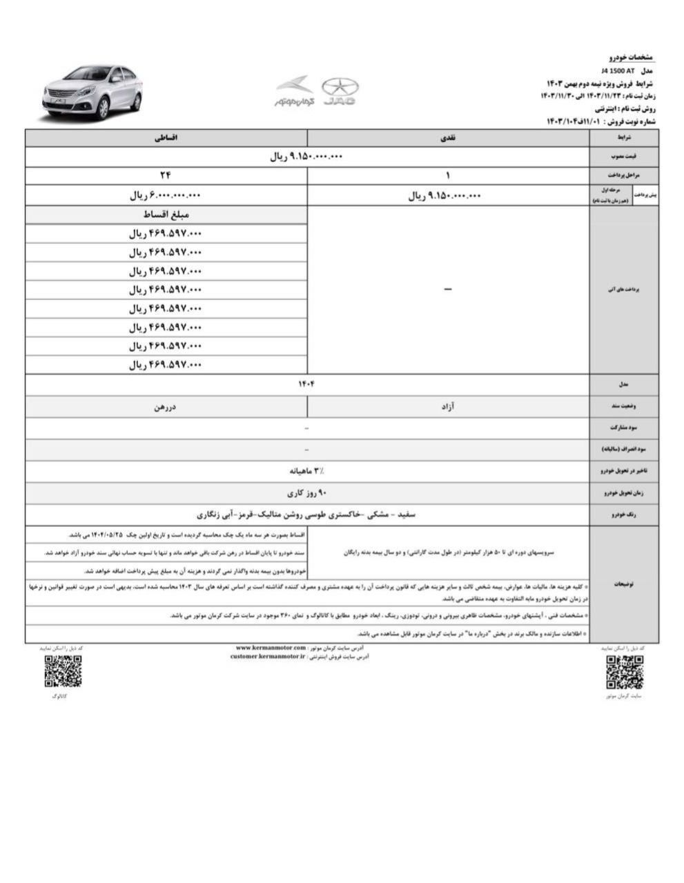 شرایط فروش نقدی و اقساطی ۶ محصول کرمان موتور اعلام شد