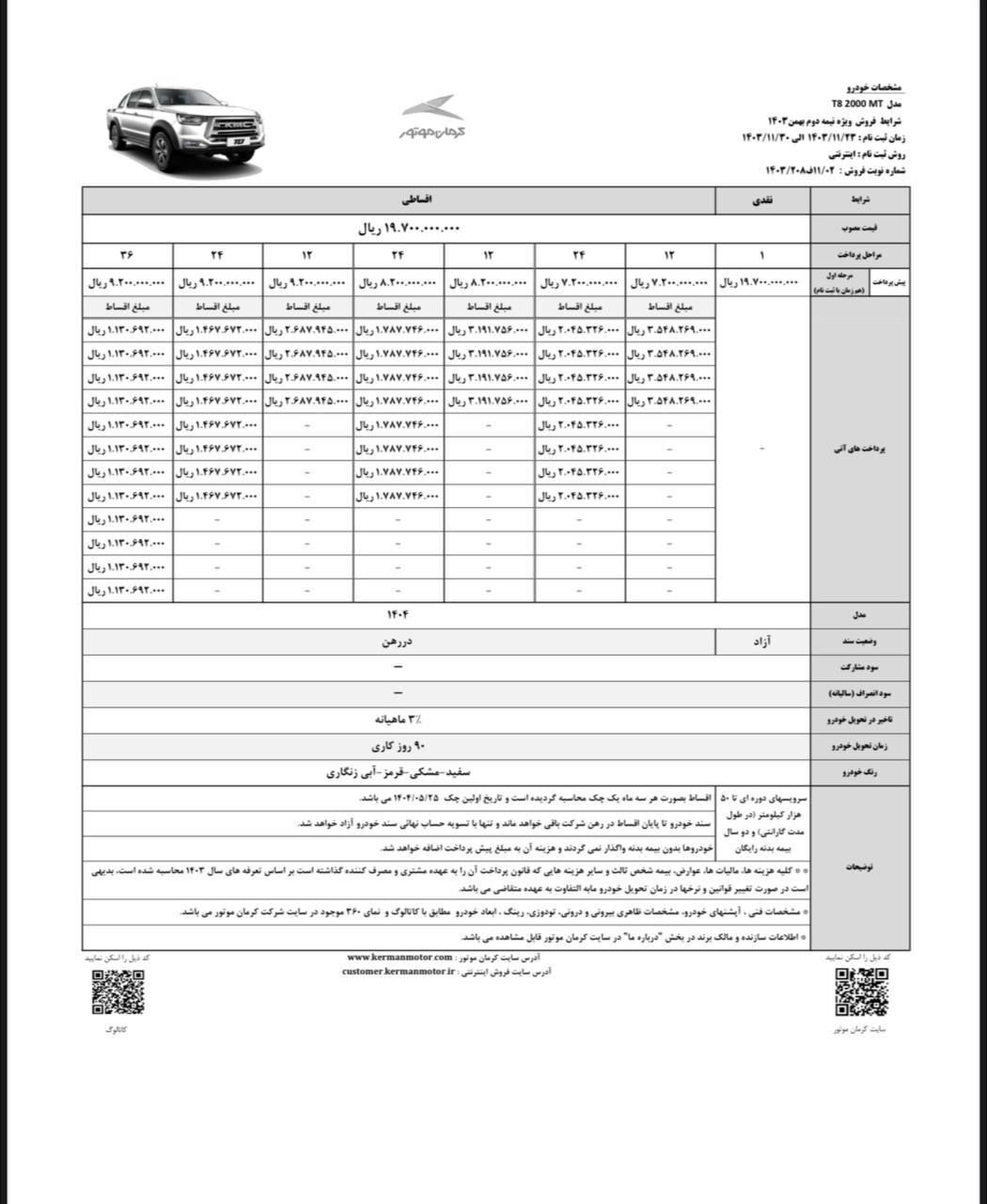 شرایط فروش نقدی و اقساطی ۶ محصول کرمان موتور اعلام شد