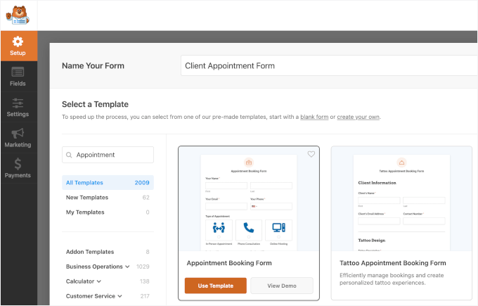 Choosing an appointment form template in WPForms