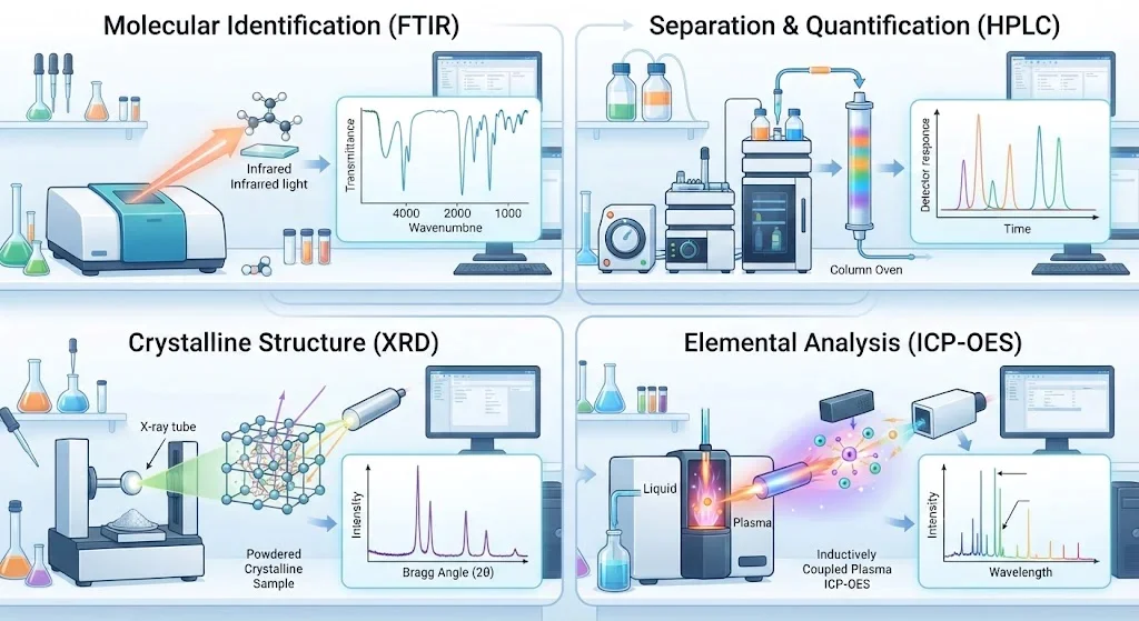 راهنمای انتخاب بهترین روشهای آنالیز مواد شیمیایی؛ از FTIR و HPLC تا XRD و ICP-OES راهنمای انتخاب بهترین روشهای آنالیز مواد شیمیایی؛ از FTIR و HPLC تا XRD و ICP-OES